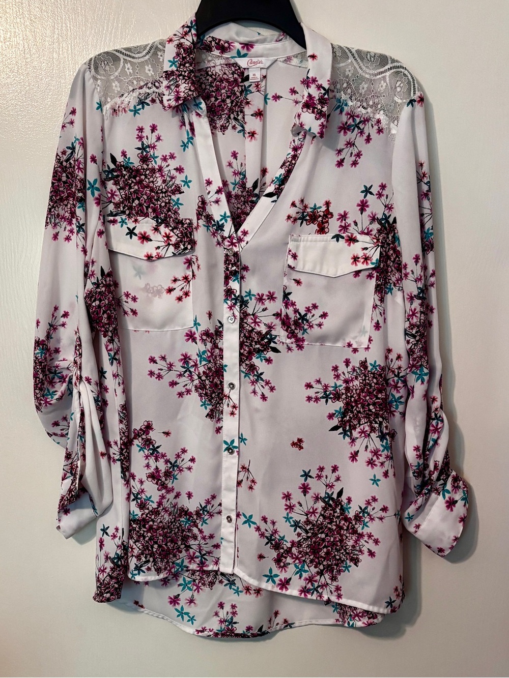 Floral Button-Down Candie’s Blouse with Lace Yoke